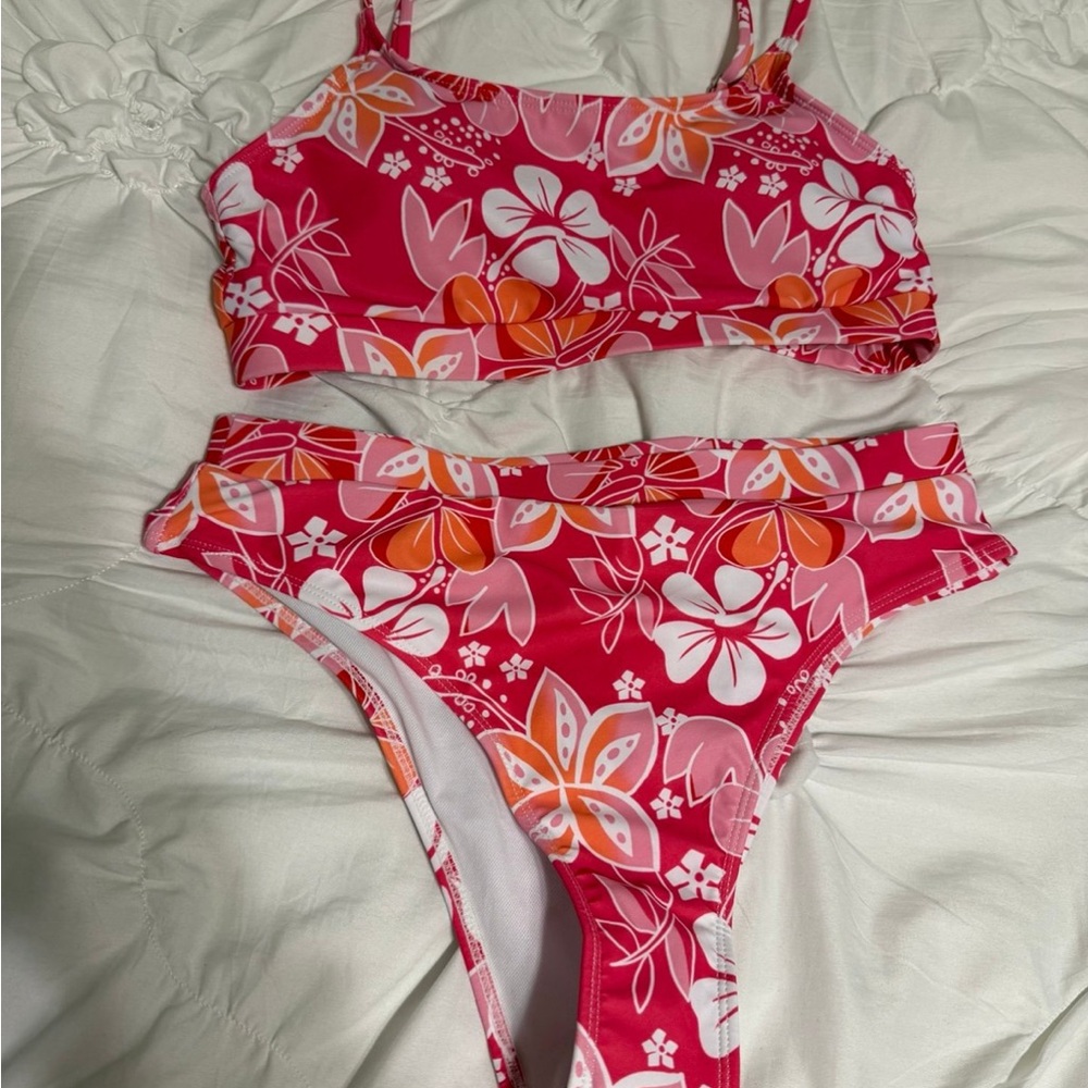 Shein Pink Orange Floral Bikini Set Size S Tropical Swim